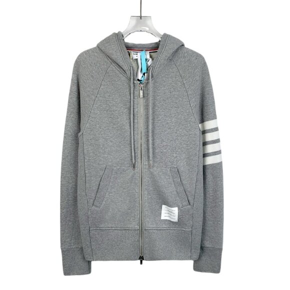 J14961 Thom Browne tb grey classic four-bar cotton hooded drawstring zipper swea